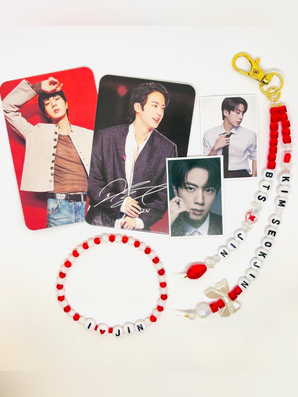 (6pcs) BTS JIN BEADED BRACELET KEYCHAIN PHOTOCARDS STICKERS BUNDLE